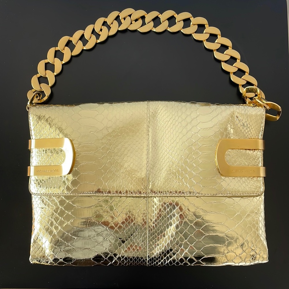 Like New Michael Kors Gold Python Clutch with Gold Chainlink Strap and Hardware